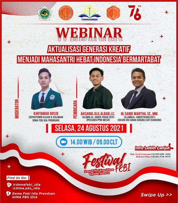 DEMA-HIMA FEBI Gelar Webinar International Bertajuk Aktualisasi Generasi Kreatif Menjadi Mahasantri Hebat Indonesia Bermartabat DEMA-HIMA FEBI Gelar Webinar International Bertajuk Aktualisasi Generasi Kreatif Menjadi Mahasantri Hebat Indonesia Bermartabat